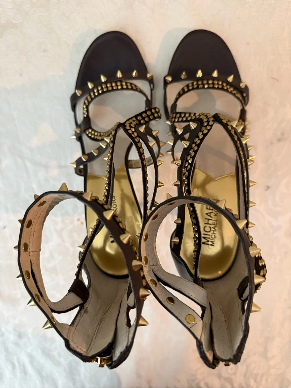 Stunning Michael Kors Brown Studded Crystal Leather Heels Sandals 8.5M (NWOB)